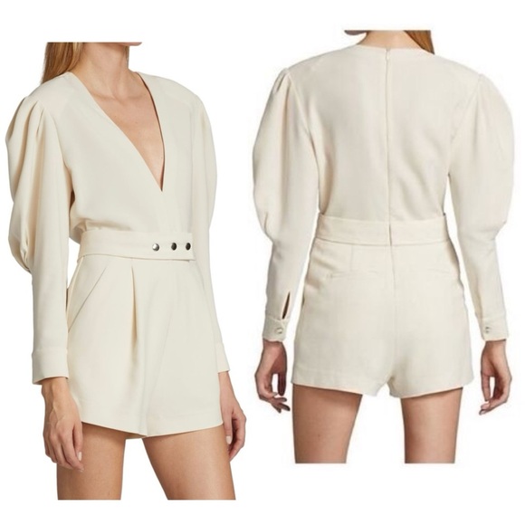 IRO Narma Pleated Crepe V Neck Long Puff Sleeve Belt Romper Playsuit Size 6 NEW - Picture 3 of 12